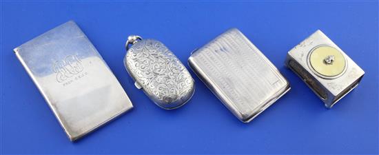 An Edwardian engraved silver double sovereign case by Lucas & Co & 3 other items.